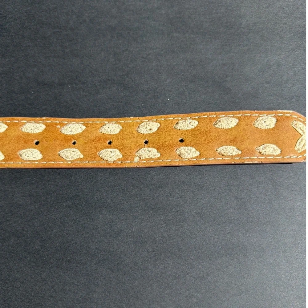Boho Tan Faux Leather Crochet Polka Dot Wide Belt Brass Buckle Brown Cream